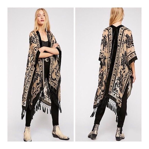 Free People Other - Free People Nightbird Kimono Black Cream Floral Fringe Boho OS NWOT